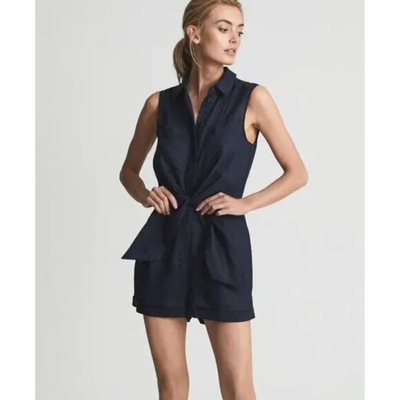 Reiss Pants - Reiss Ema Navy blue Sleeveless Linen Tie Front Playsuit romper womens Sz 4